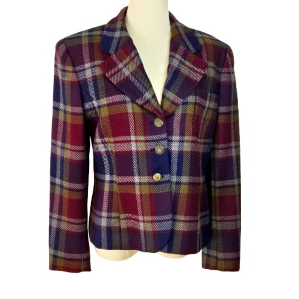 Rena Rowan Saville Vintage 100% Wool Blue Burgundy Plaid Blazer Jacket  Sz 6